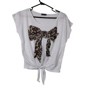 VTG Y2K Wet Seal Small Shirt Tan Brown Leopard Print Bow Knot Tie Front Beaded